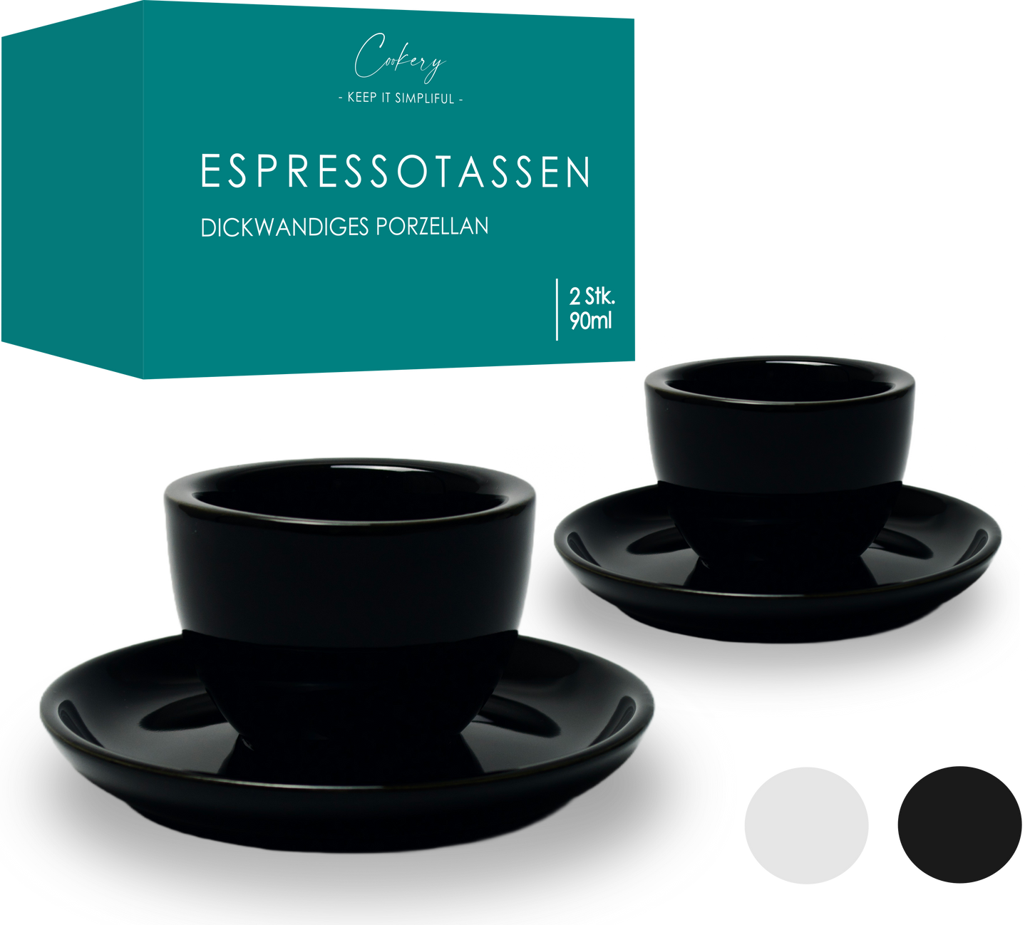 Cookery - Designer Espressotassen aus dickwandigem Porzellan mit Untertasse (2er Set)