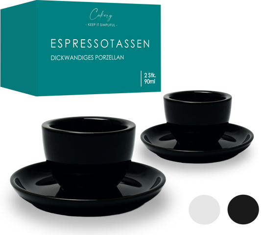 Cookery - Designer Espressotassen aus dickwandigem Porzellan mit Untertasse (2er Set)