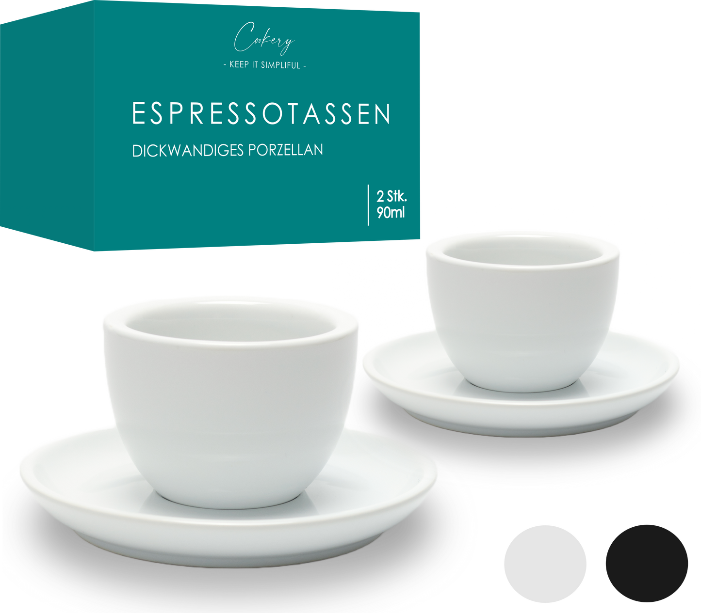 Cookery - Designer Espressotassen aus dickwandigem Porzellan mit Untertasse (2er Set)